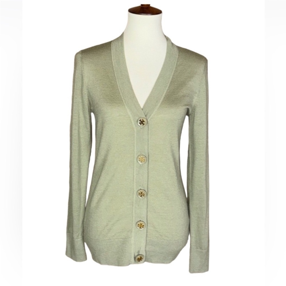 Tory Burch sage green lightweight Merino wool cardigan sweater Size Small